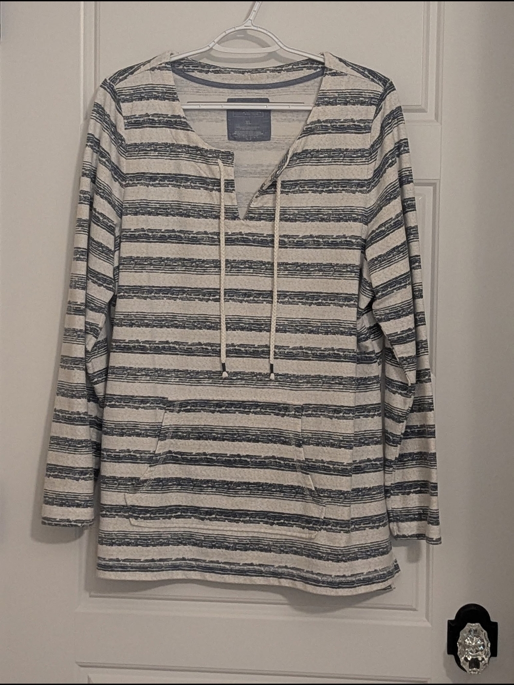 Women's Striped Knit Hoodie Pullover Kangaroo Pocket Blue White XL